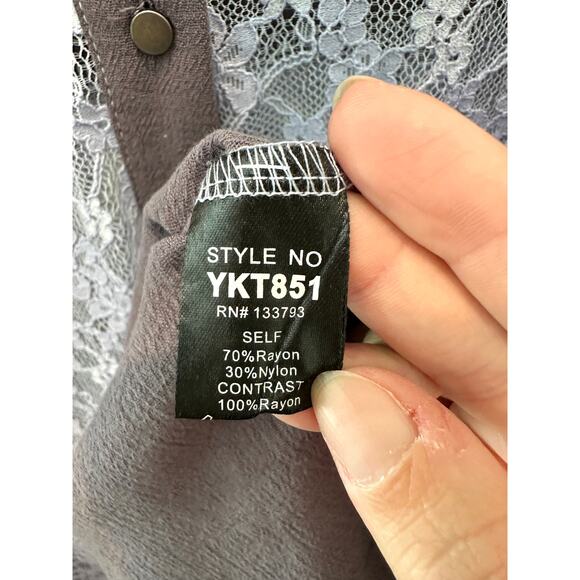 POL | Boho Lavender Lace Button Up Shirt Ruffle Trim Sheer Romantic Top | Large - Picture 8 of 9